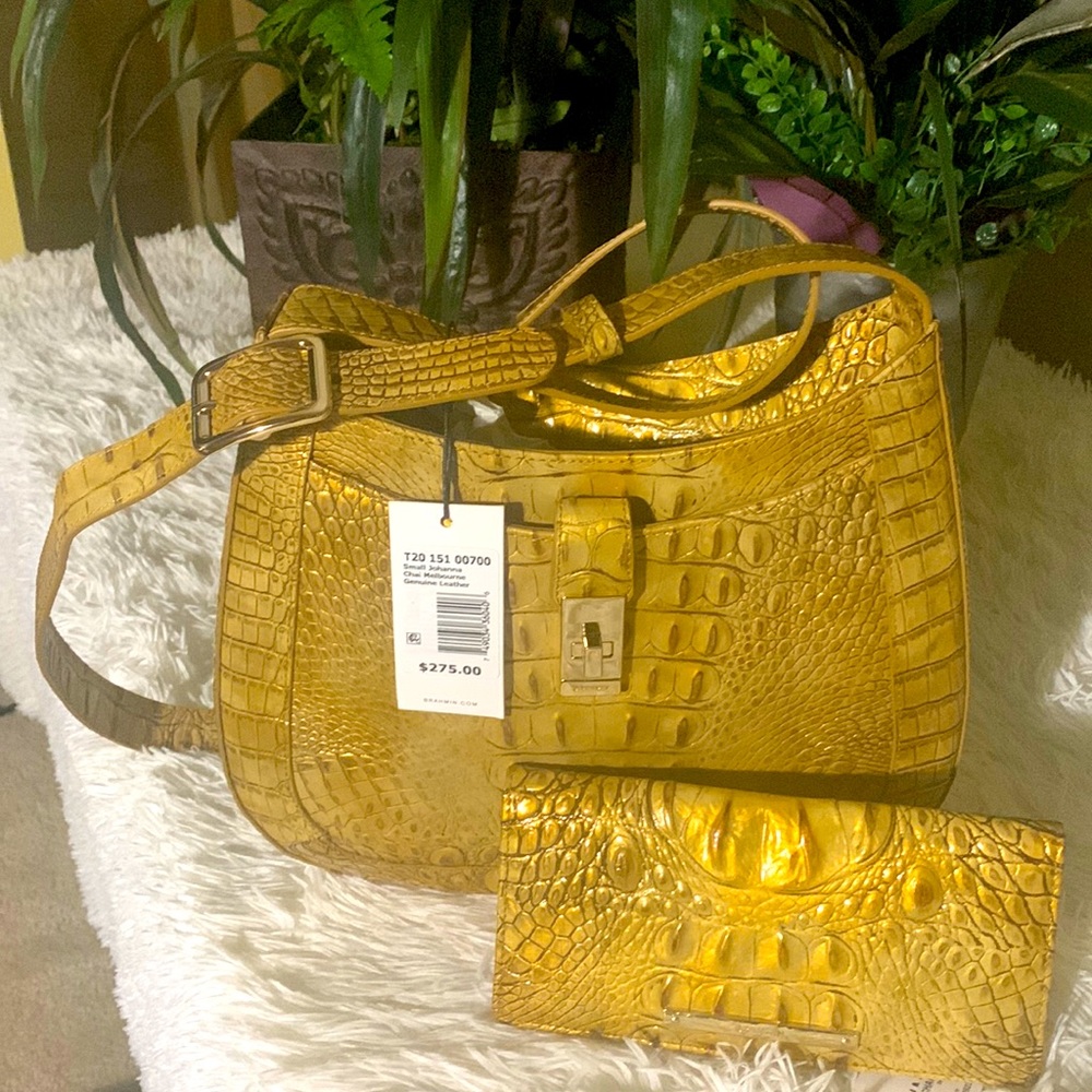 Brahmin Croc-Embossed Mustard Shoulder Crossbody with Matching Wallet